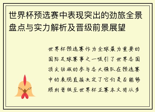 世界杯预选赛中表现突出的劲旅全景盘点与实力解析及晋级前景展望 世界杯预选赛中表现突出的劲旅全景盘点与实力解析及晋级前景展望